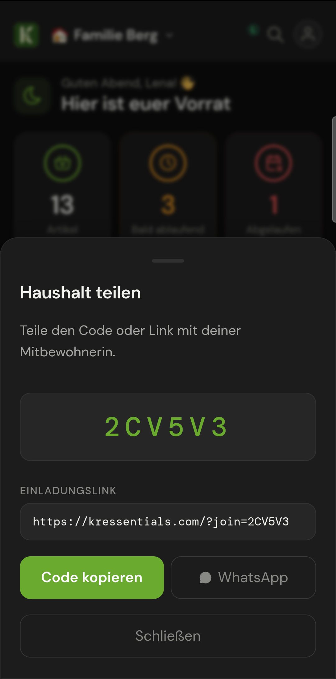 Haushalt teilen per Code und Link