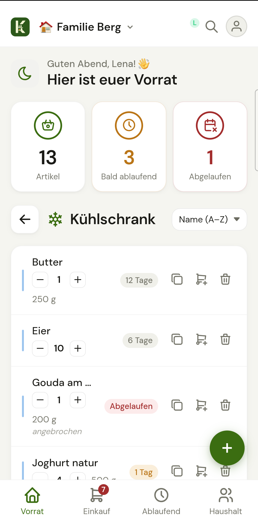 Kühlschrank-Vorrat in der Kressentials App